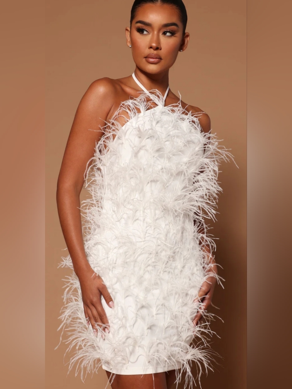 White Ostrich Feather Mini Party Dress Bachelorette Bridal - Size Large